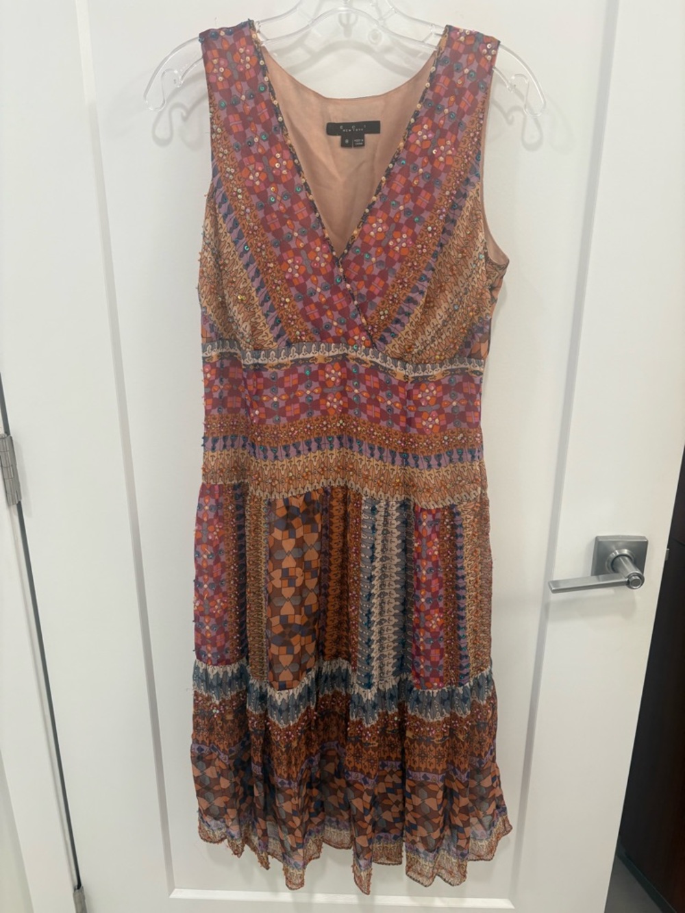 Vintage Y2K Silk Beaded Patchwork Boho ECI Midi Dress Size 8